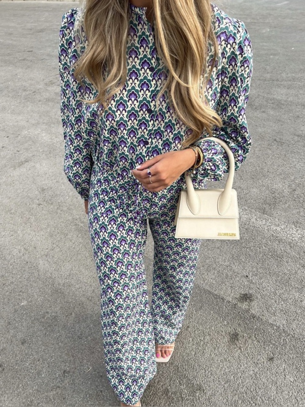 ZARA COTTON PRINTED TOP AND PANTS ECRU